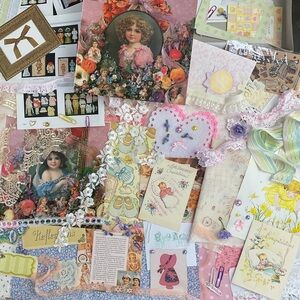 Vintage ephemera baby girl themed junk journal lot + fabric & embellishments